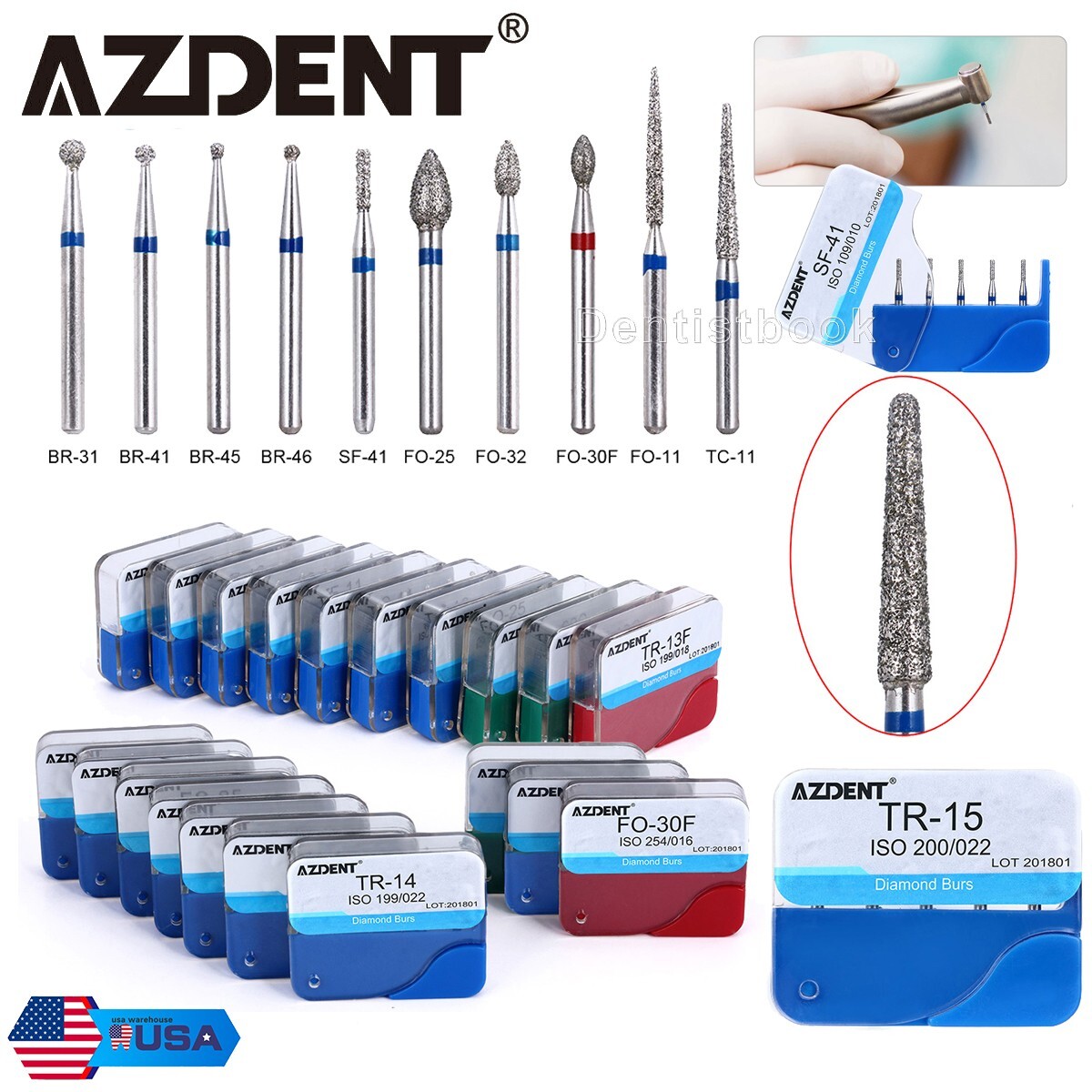 100Pcs/20Box AZDENT Dental Diamond Burs For High Speed Handpiece FG 1.6mm