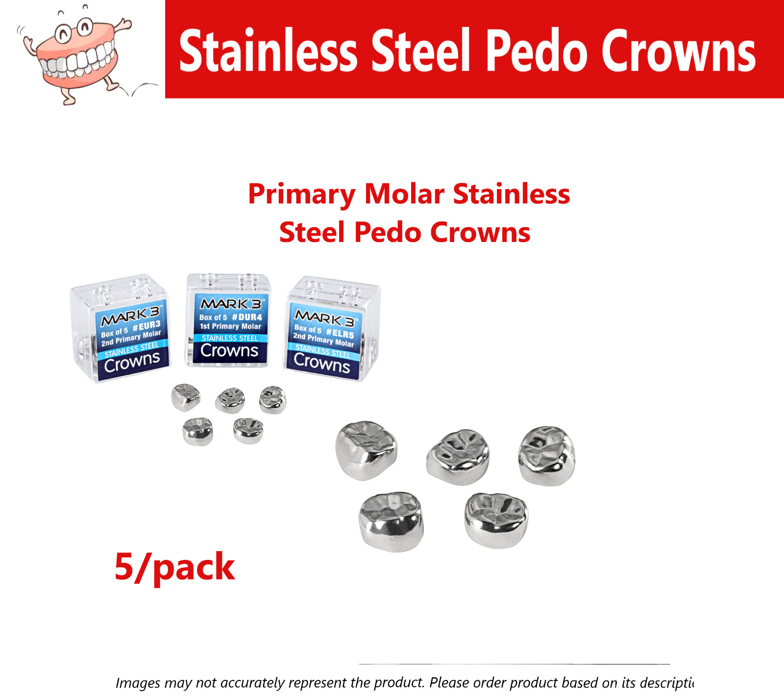 Dental 1St or 2nd Primary Molar Stainless Steel Pedo Crowns, Made in USA 5/Pk