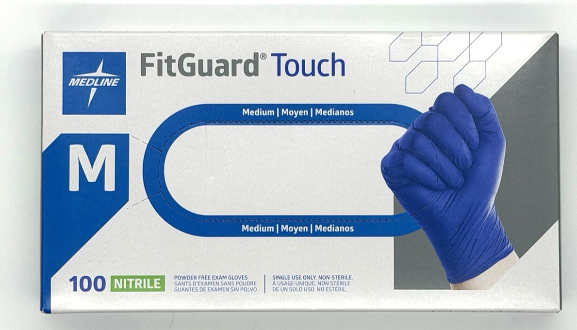 Medline FitGuard Touch Nitrile Exam Gloves Medium Blue Powder Free 400 Ct 4 Box