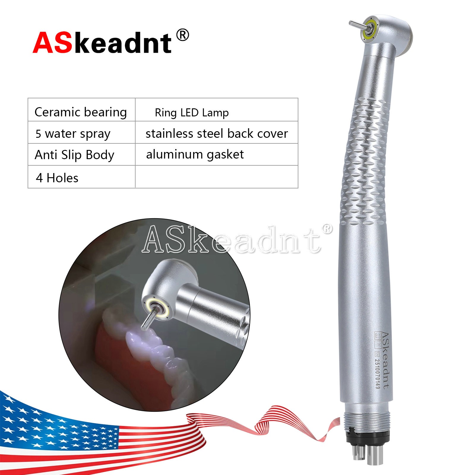 1-10*Dental Shadowless Ring LED High Speed Handpiece 5Water Spary 4Hole ASkeadnt
