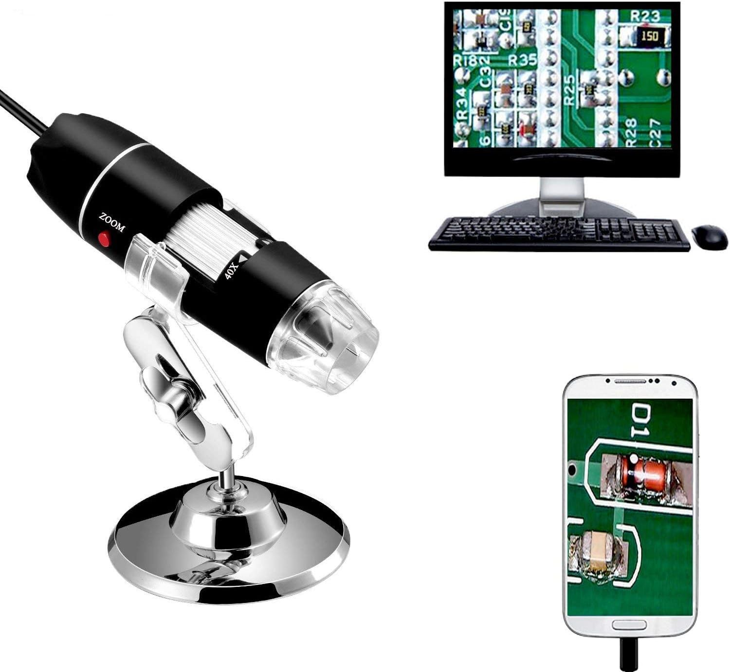 40 to 1000x Magnification Endoscope, 8 LED USB 2.0 Digital Microscope, Black