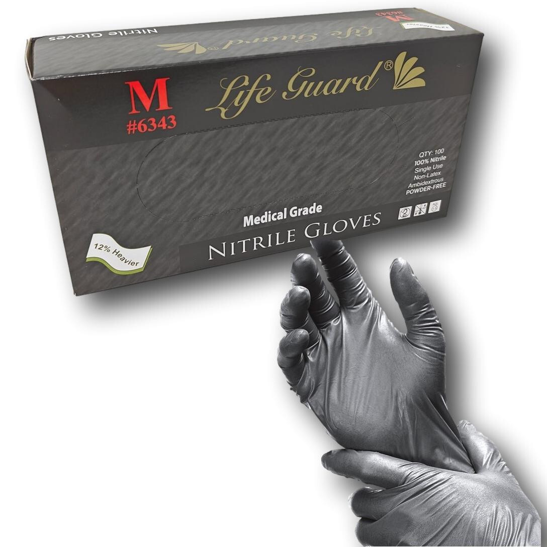 Life Guard 6 mil Thick Black Nitrile Exam Gloves, For Tattoo, Automotive, etc.