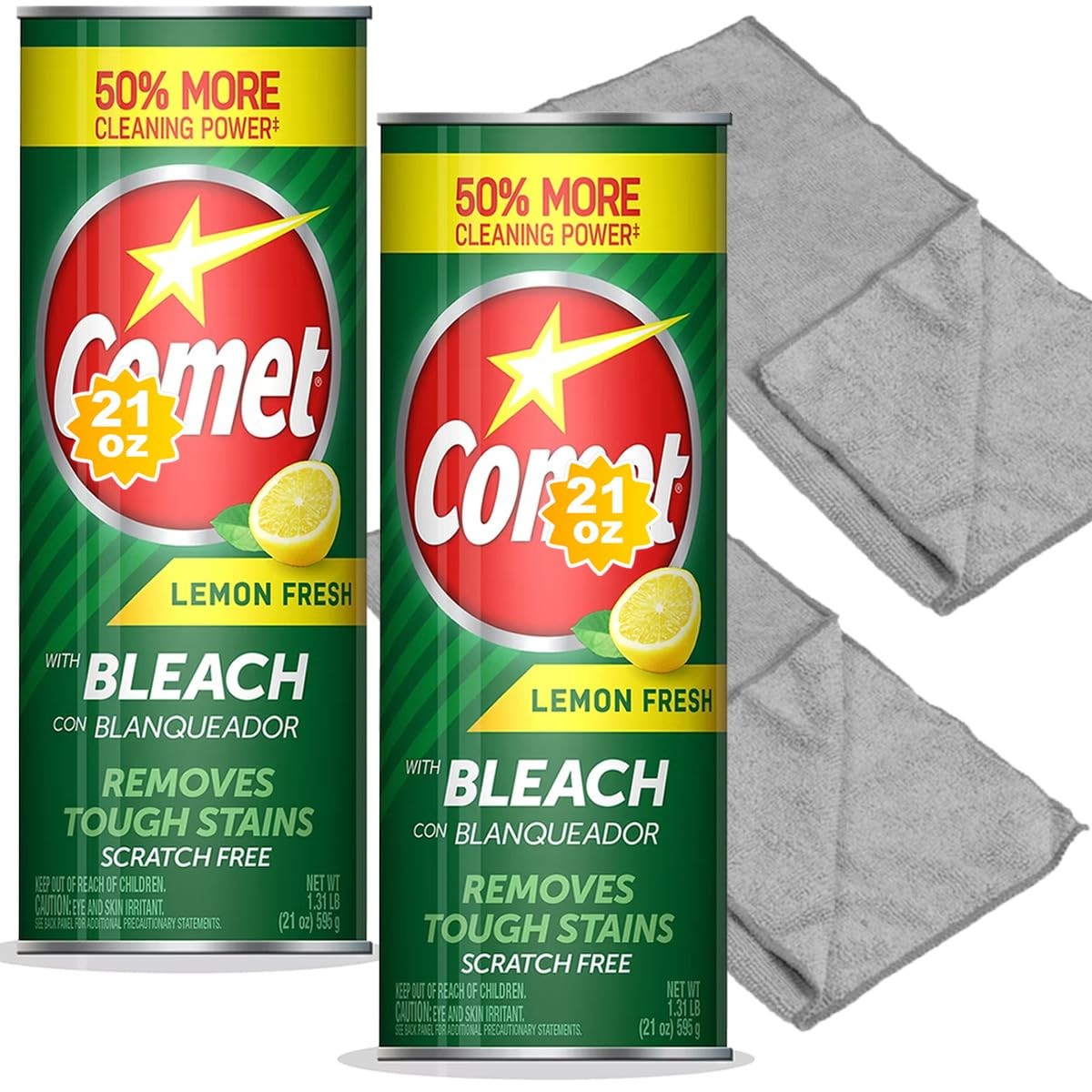 Comet Lemon Fresh Powder Cleanser Bleach 21oz 2-Pack + Microfiber Cloths
