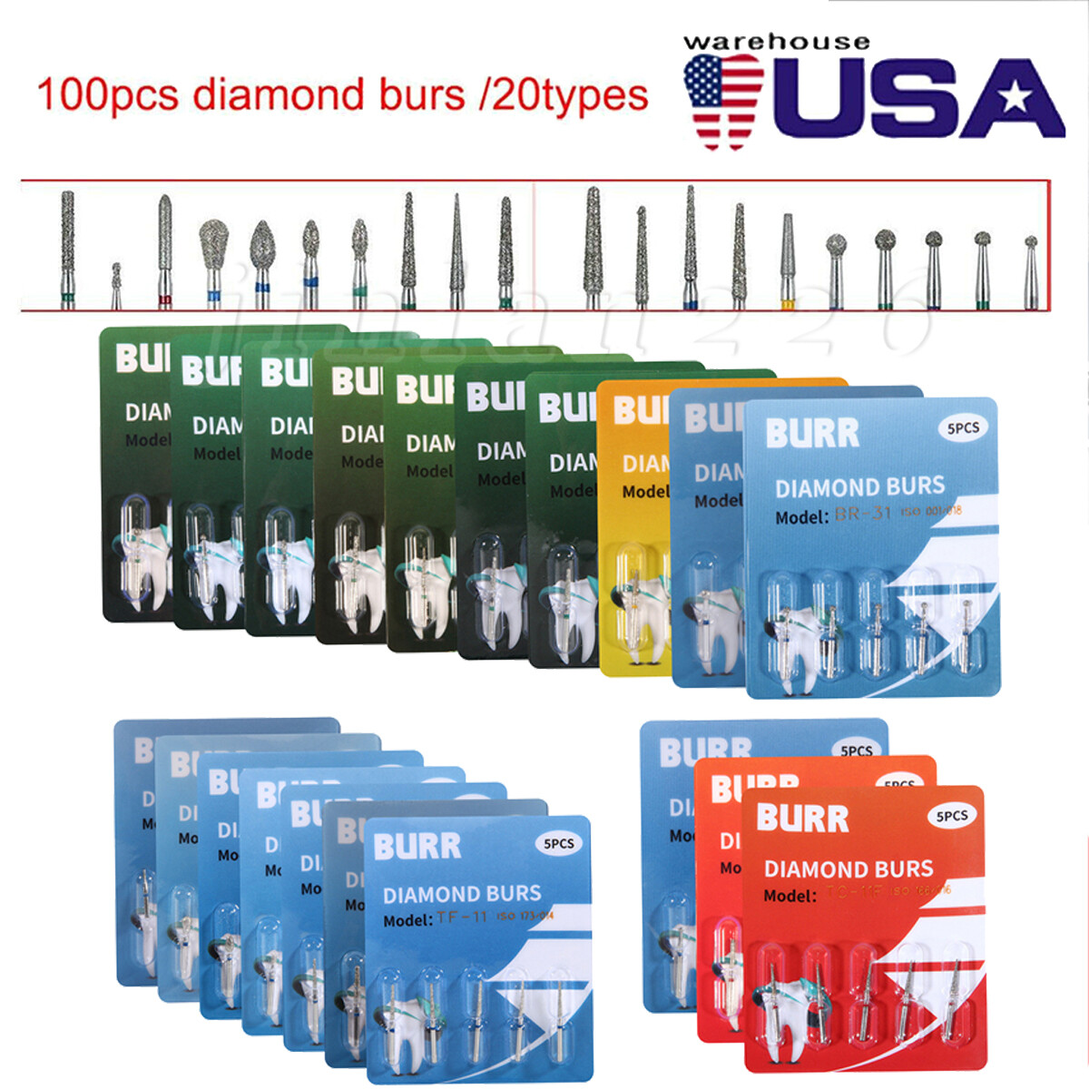 100Pcs Diamond Bur Tooth Drill for Dental High Speed Handpiece Mixed 20 Type USA