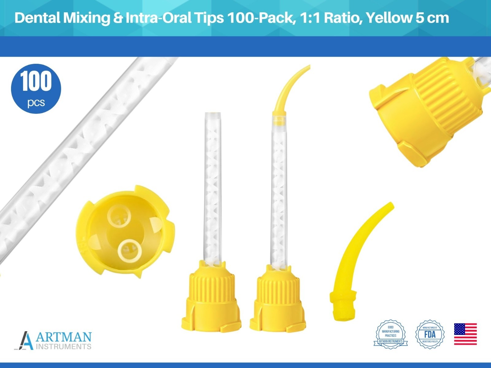 Short Dental Mixing & Intra-Oral Tips 100-Pack, 1:1 Ratio, Yellow 5 cm