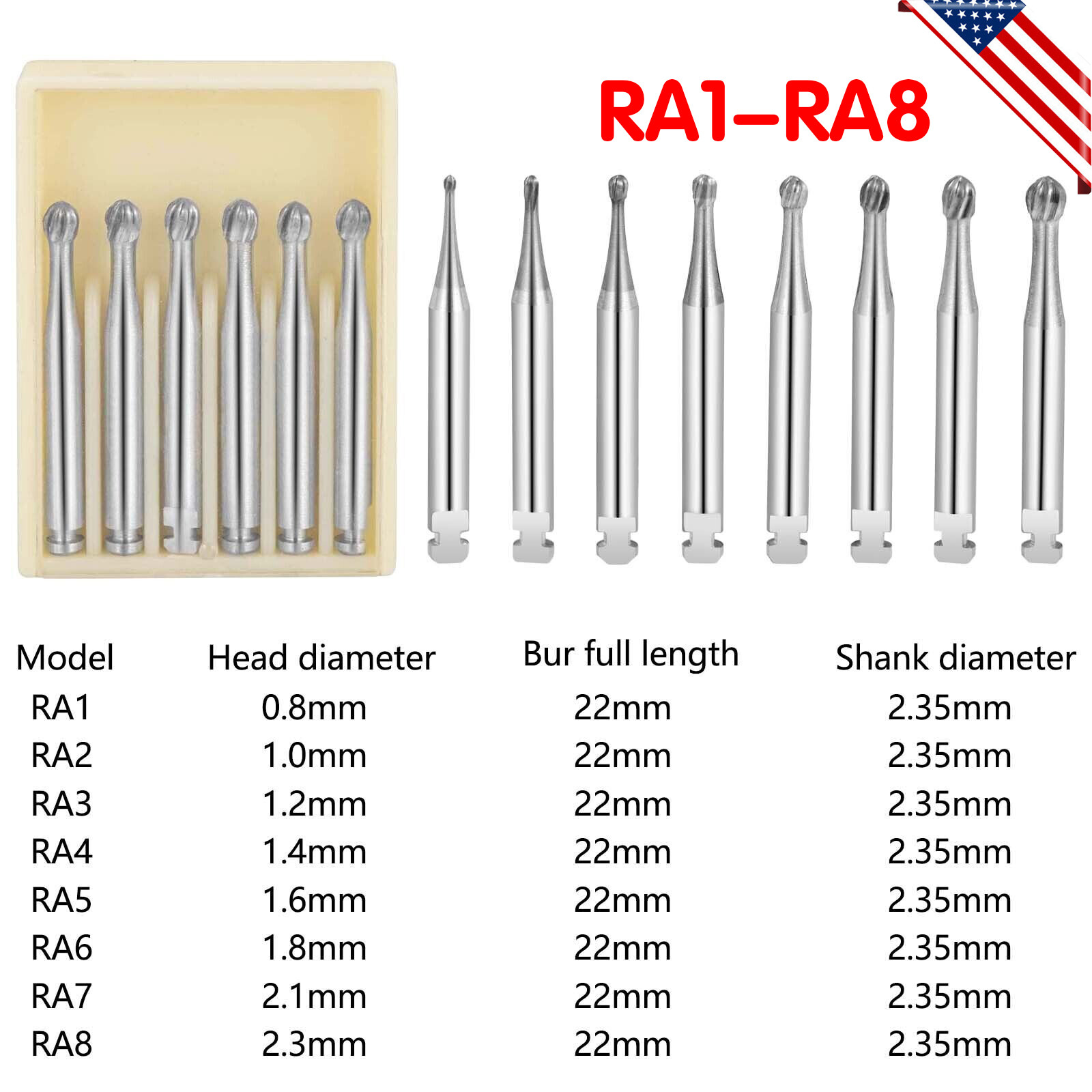 Dental Burs RA 1-8 Latch 2.35mm Carbide Bur Inverted Cone Prima CA Low Speed