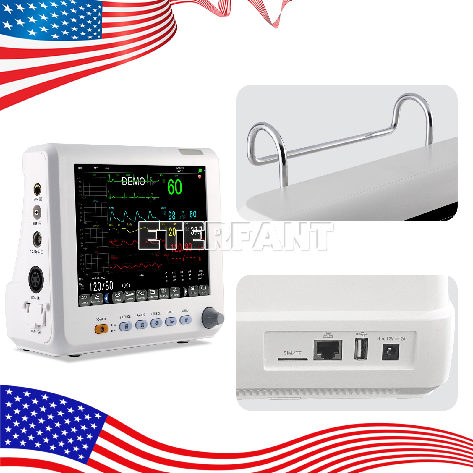 ETERFANT Patient Vital Signs Monitor Multi-Parameter ECG/NIBP/TEMP/RESP/SPO2/PR