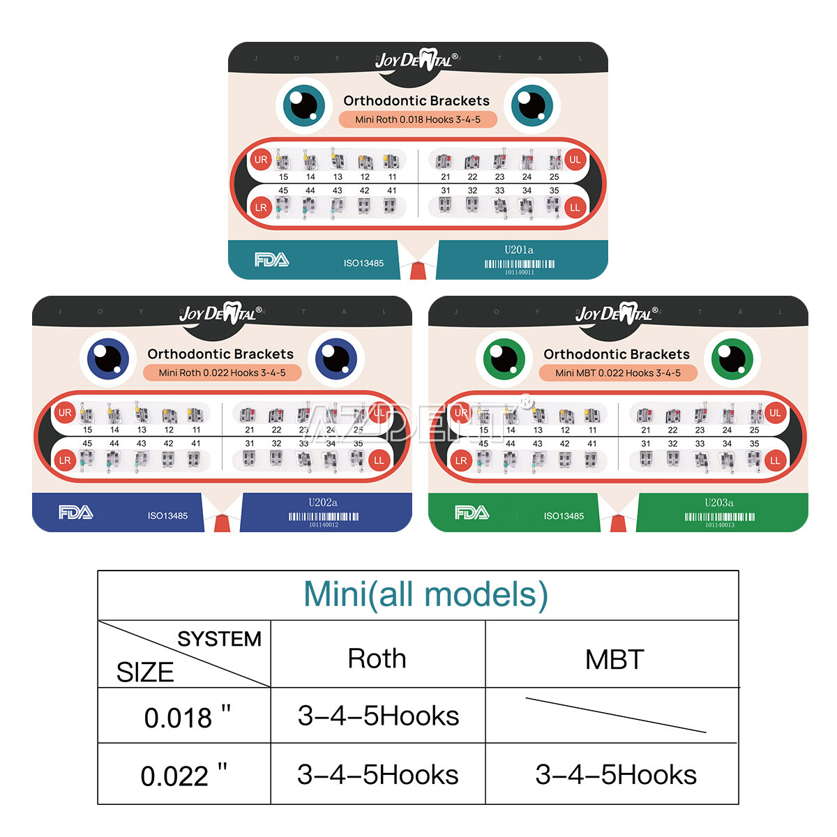 AZDENT Dental Orthodontic Bracket Braces Mini Slot MBT Roth .022/.018 Hooks 345