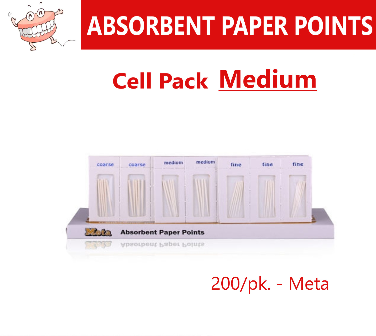 Dental Endo ABSORBENT PAPER Points CELL PACK MEDIUM, PP200-M, Meta, 200/Pk
