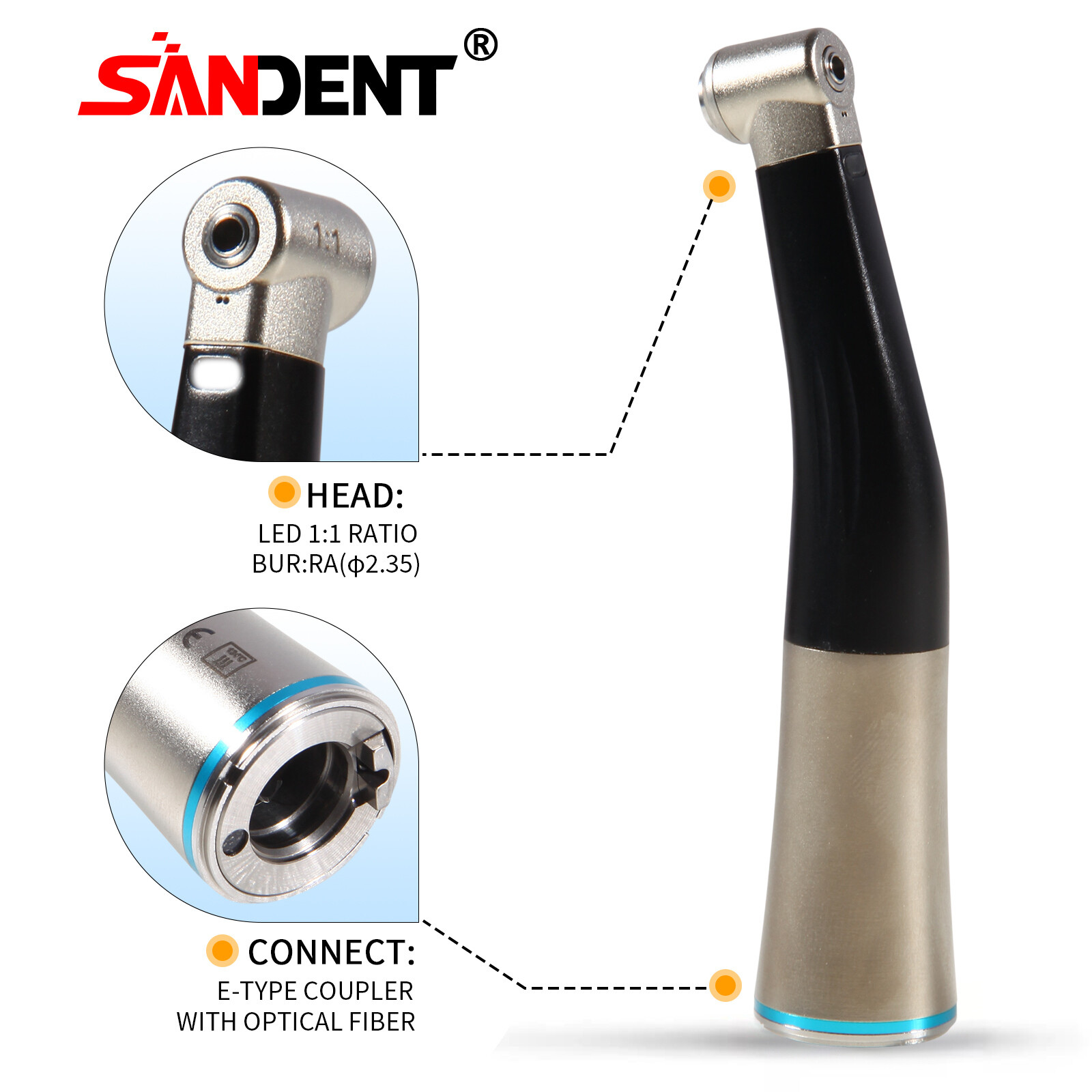 1-5* NSK Style Dental Fiber Optic 1:1 Contra Angle Handpiece Inner Push E-Type