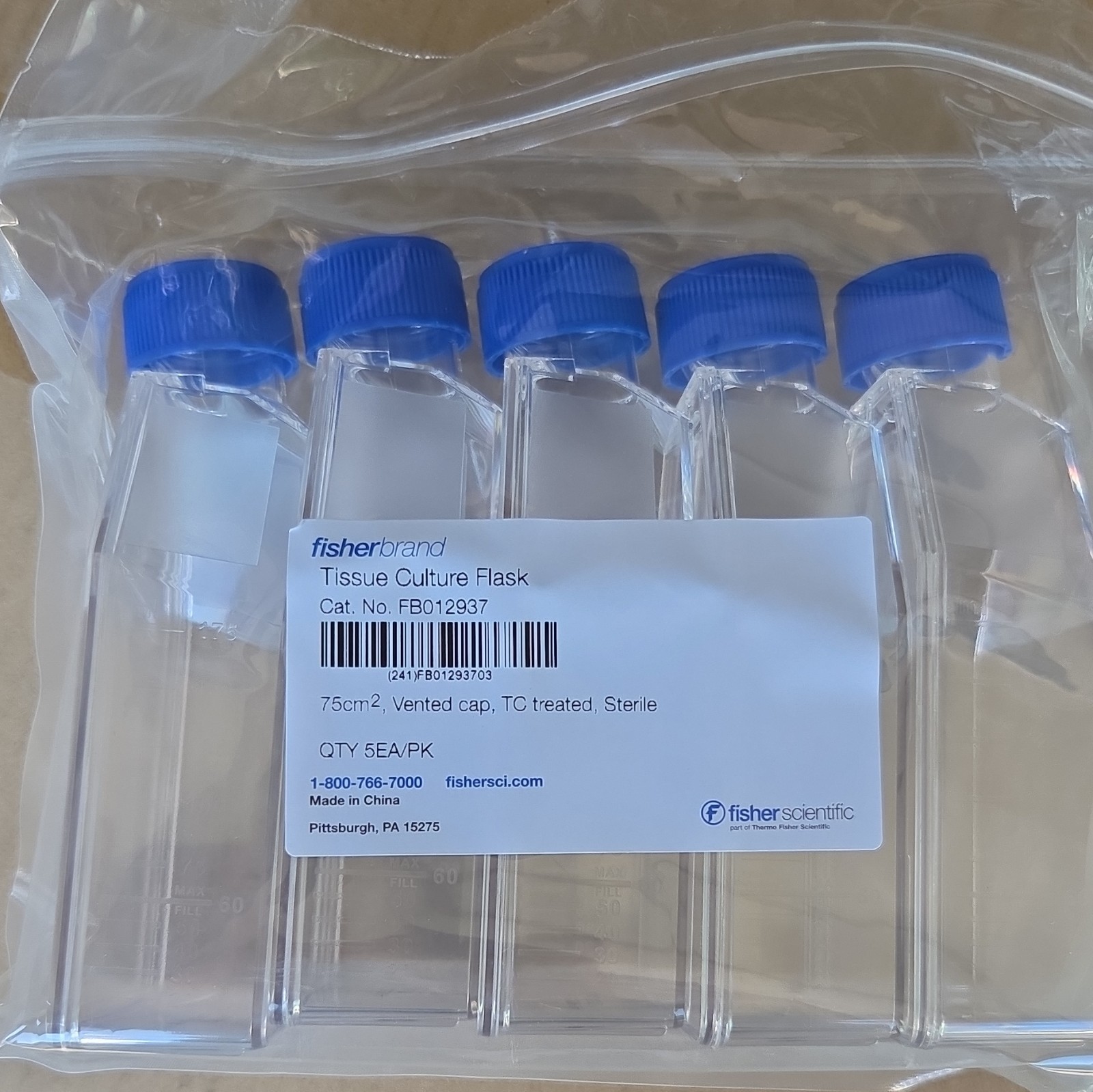 Fisherbrand Tissue Culture Flask 75 cm² Vent Cap Sterile 5/PK FB012937