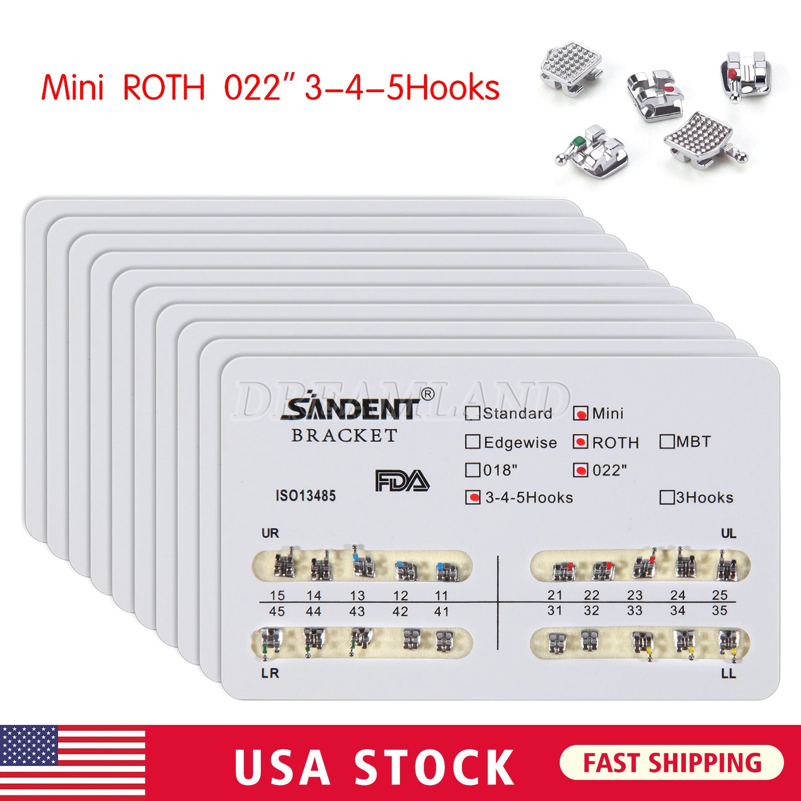 10 Kit Dental Orthodontic Metal Brackets Braces Mini Roth Slot.022 3-4-5 Hooks H