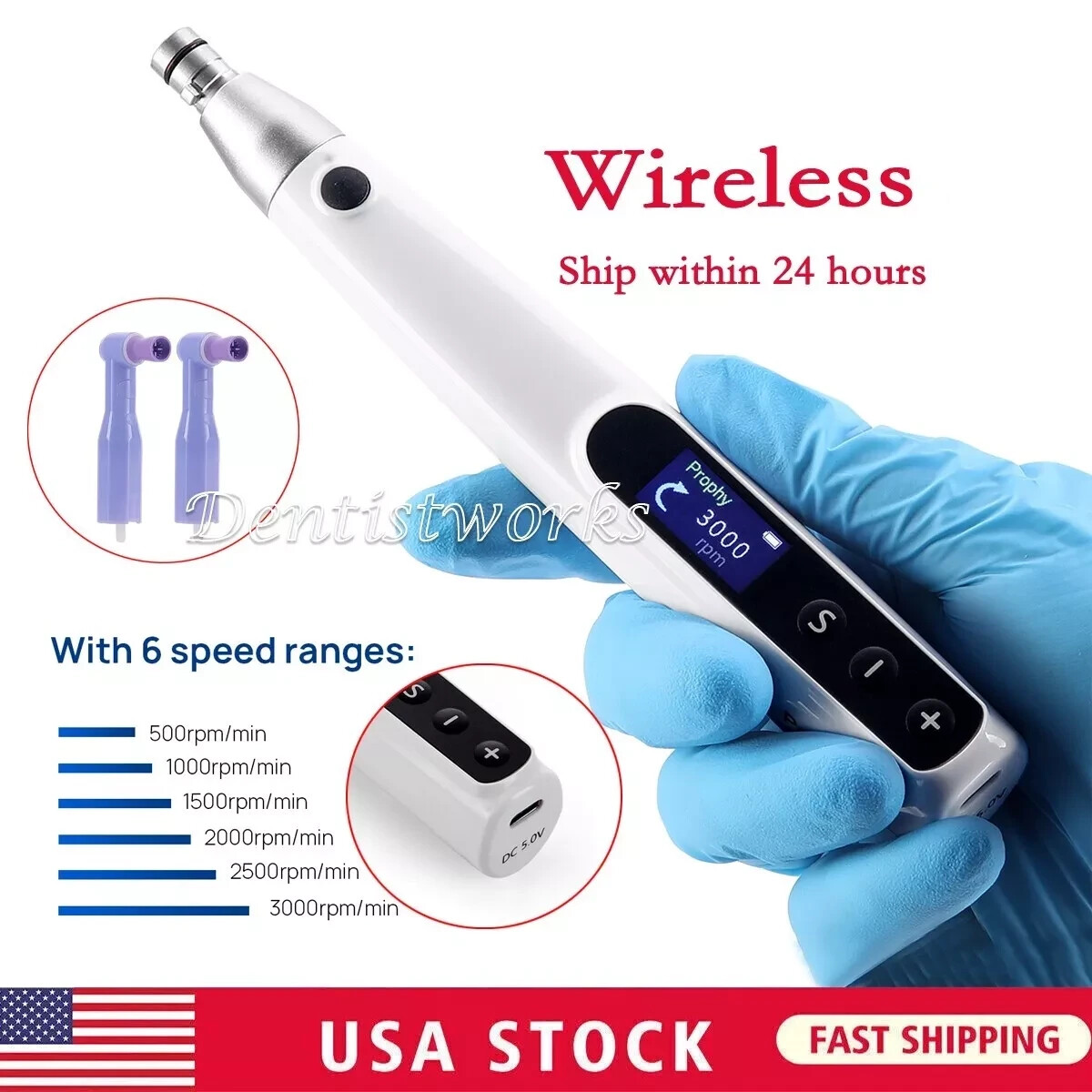 Dental Wireless Electric Hygiene Prophy Handpiece +2Pcs Universal Prophy Angles