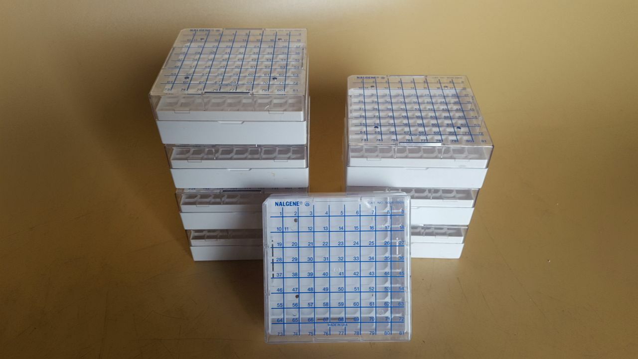 USED (8) Nalgene Cryogenic Containers, 5-1/4 x 5-1/4 x 2 inches, holds 81 tubes