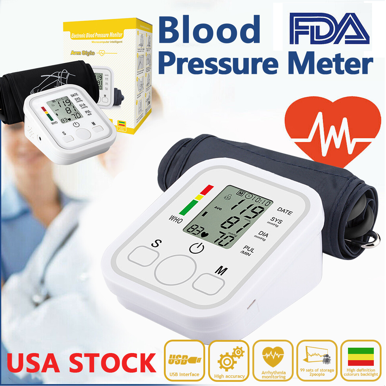 Upper Arm Blood Pressure Monitor Digital Automatic BP Cuff Machine Pulse Meter