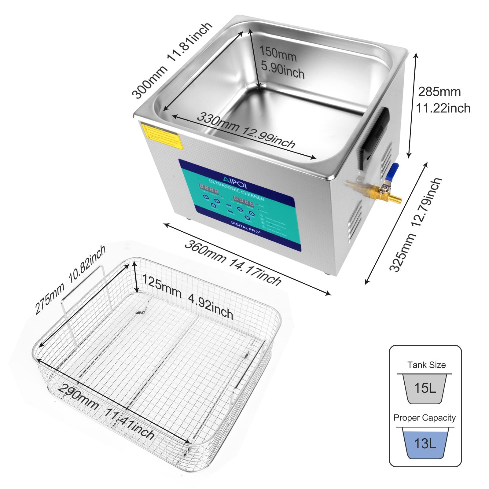 15L Ultrasonic Cleaner Cleaning Machine with Basket Heater and Timer 360W