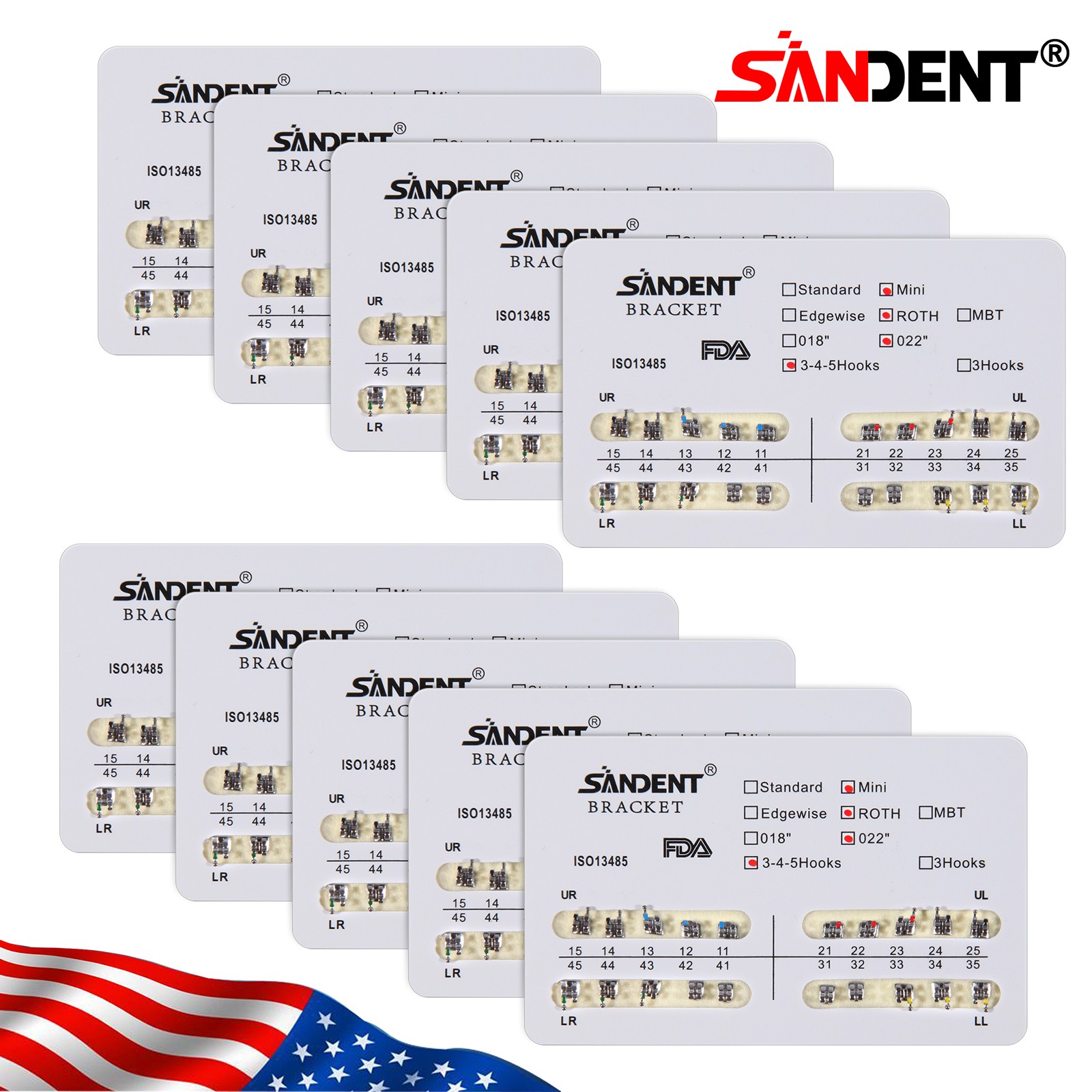 10 packs Dental Orthodontics Metal Bracket Braces Mini MBT 022″Slot Hooks 3-4-5