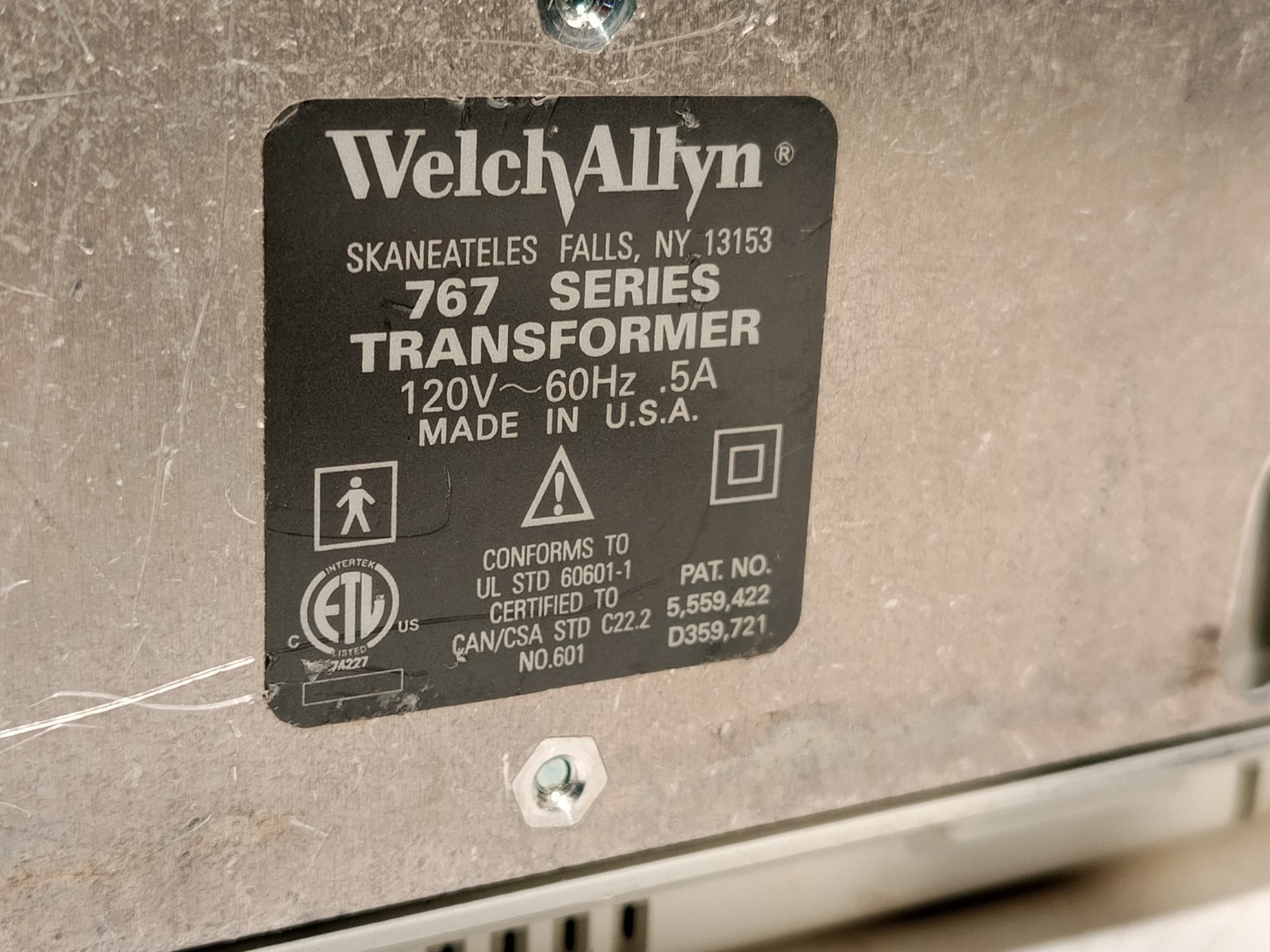 Welch Allyn 767 Series Wall Transformer, No Handles, 120VAC, 60Hz, Made in USA