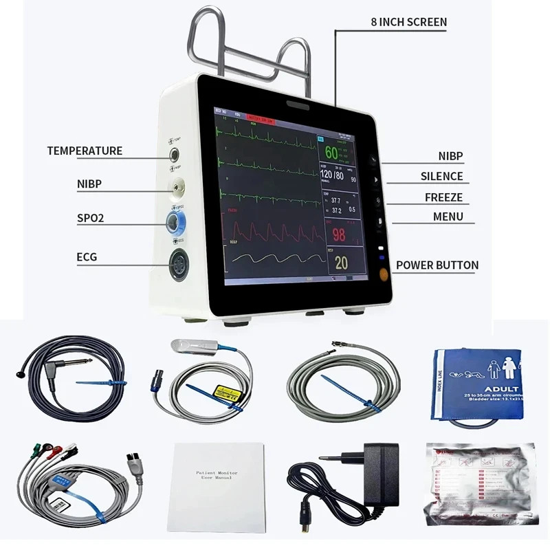 8″ Portable 5-Parameter Patient Monitor Vital Signs ECG NIBP SpO2 RESP TEMP