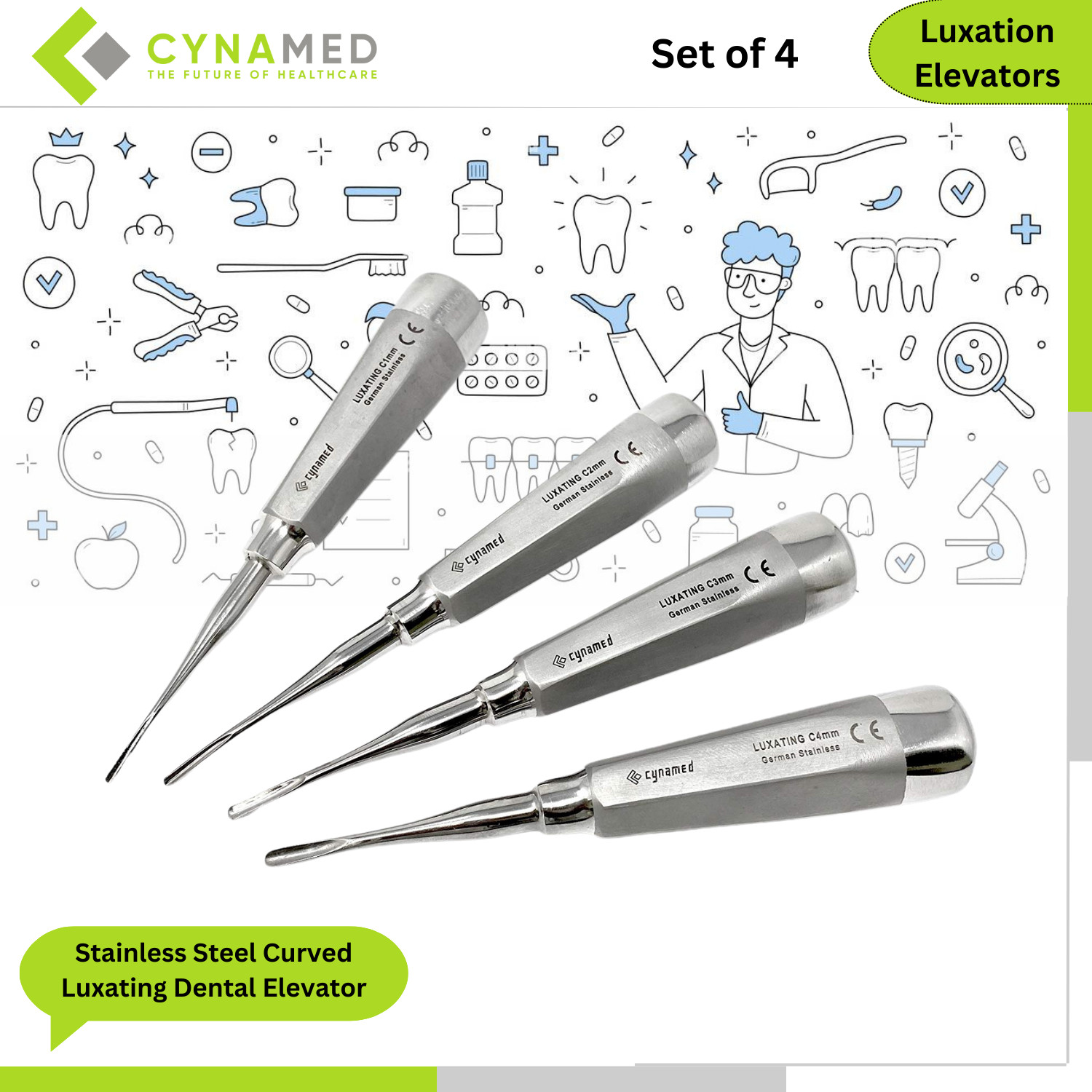 Cynamed Stainless Steel Curved Luxating Dental Elevator 1.5mm 2mm 3mm 4mm 4Pcs