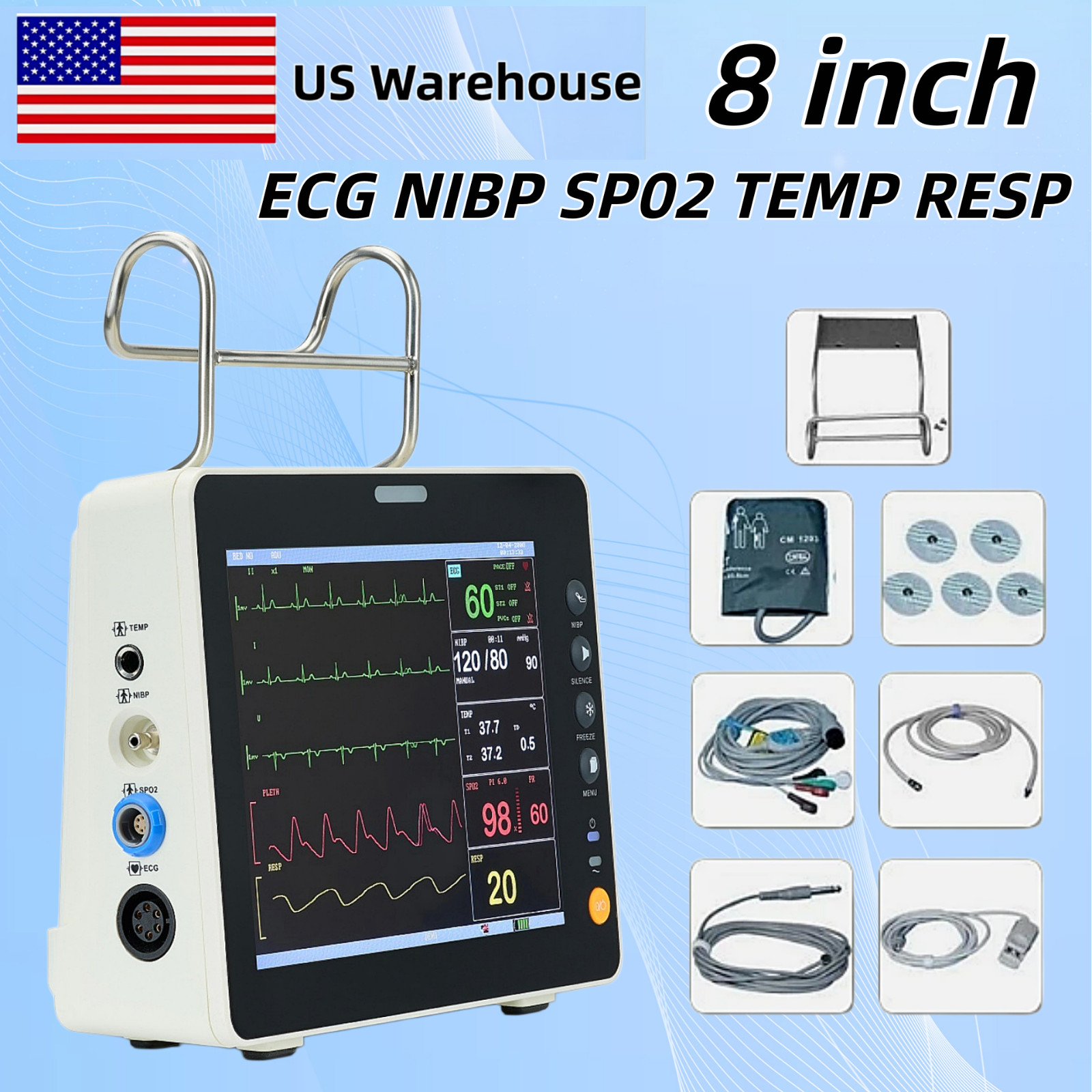 US Warehouse 8 inch Portable Multi-parameter Vital Signs Patient Monitor ECG