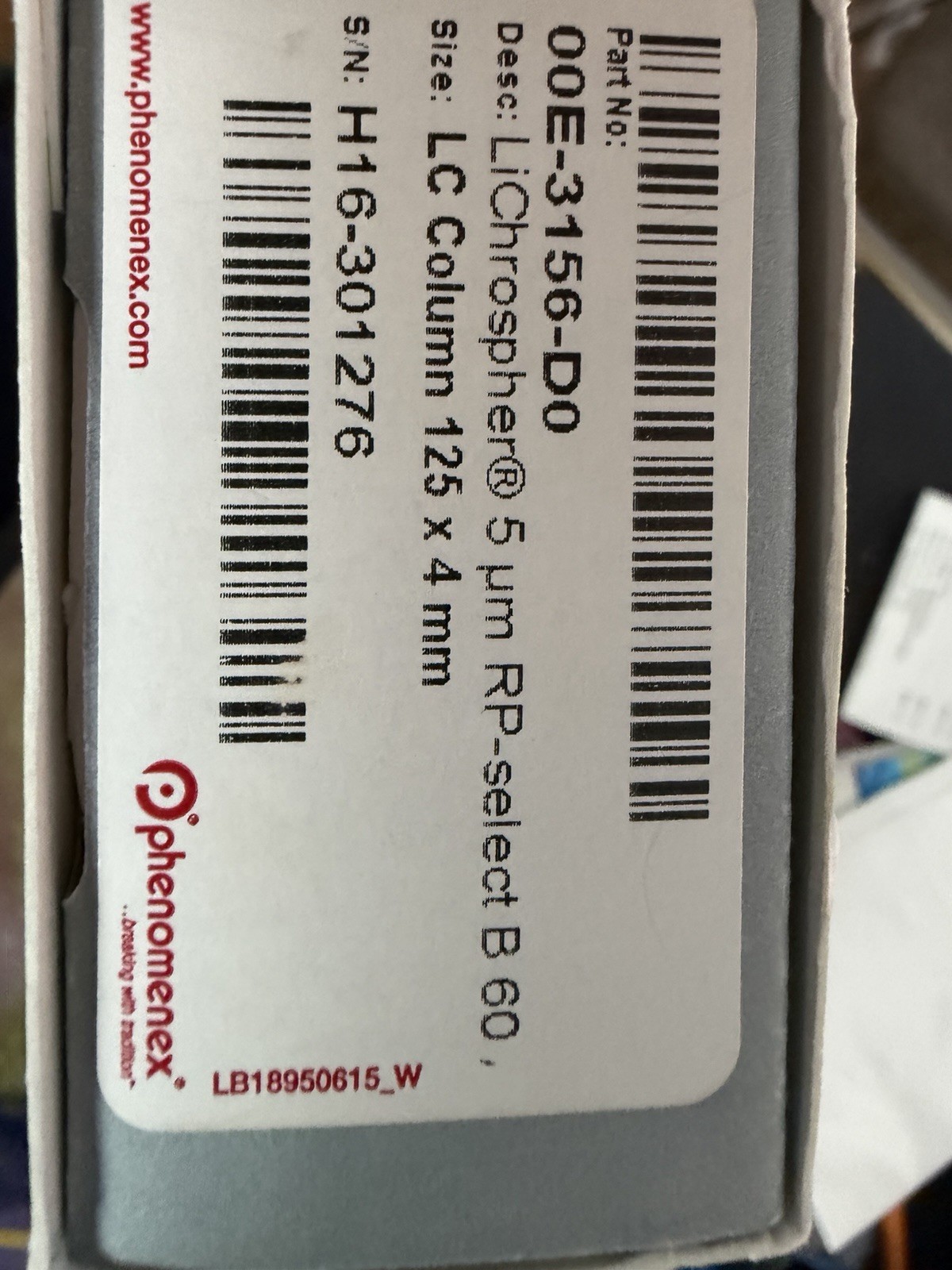 HPLC Phenomenex LiChrospher 5um RP Select B 60 125mmx 4mm HPLC (PN 00E-3156-D0)