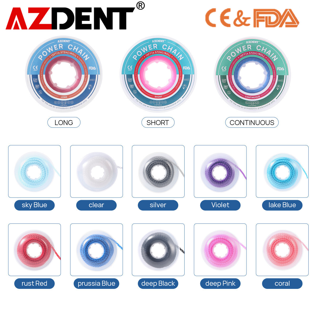 Dental Orthodontic Elastic Rubber Power Chain Braces Bands Short/Long/Continue