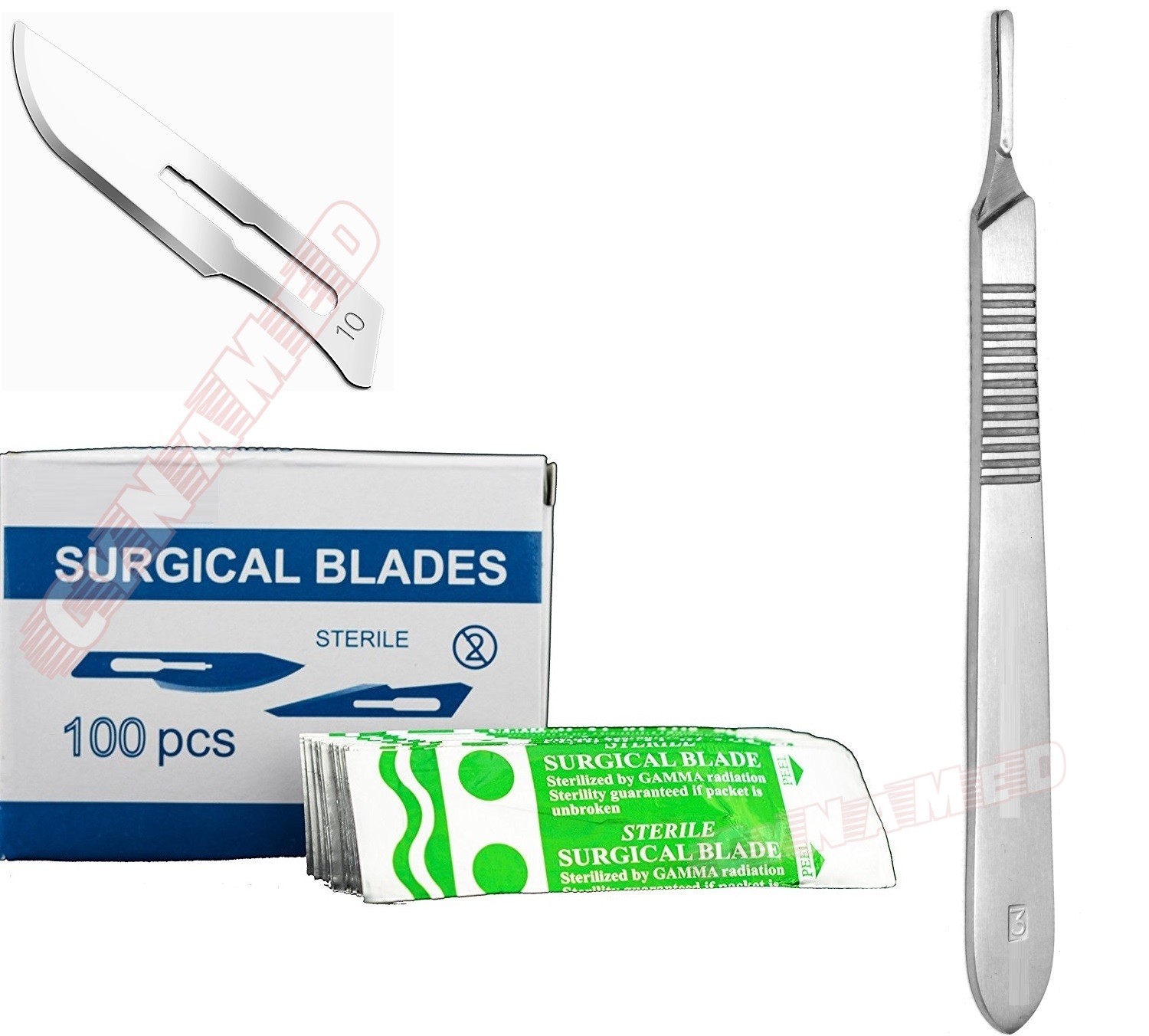 100 Surgery Scalpel Blades #10 with #3 Metal Handle Suitable for Dermaplaning