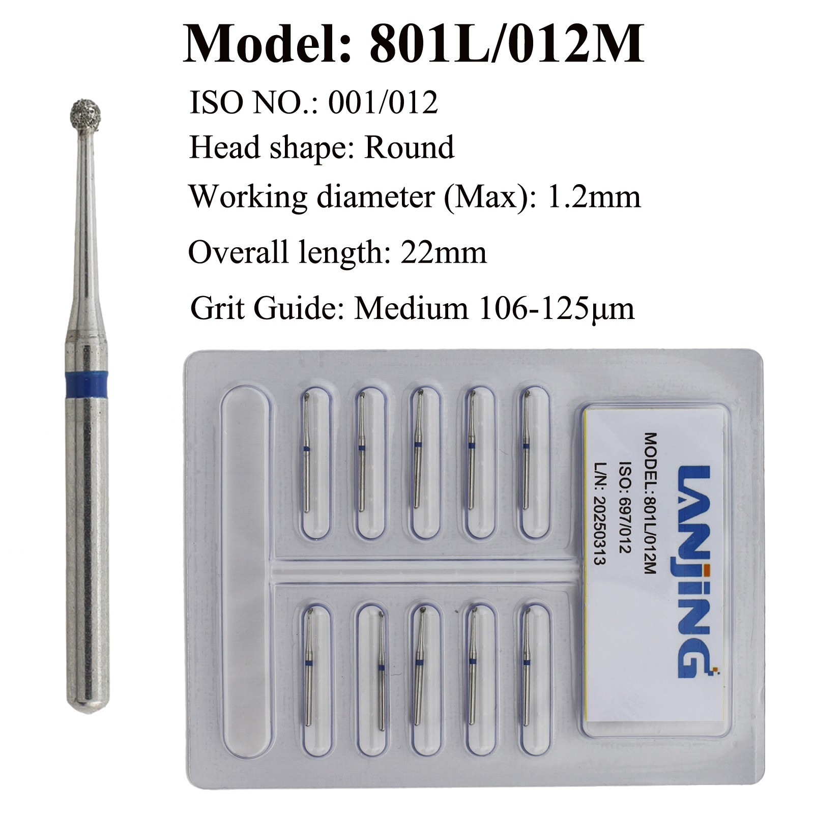 Dental Diamond Bur Long Shank Ball Round Medium 801L FG High Speed Burs 22mm
