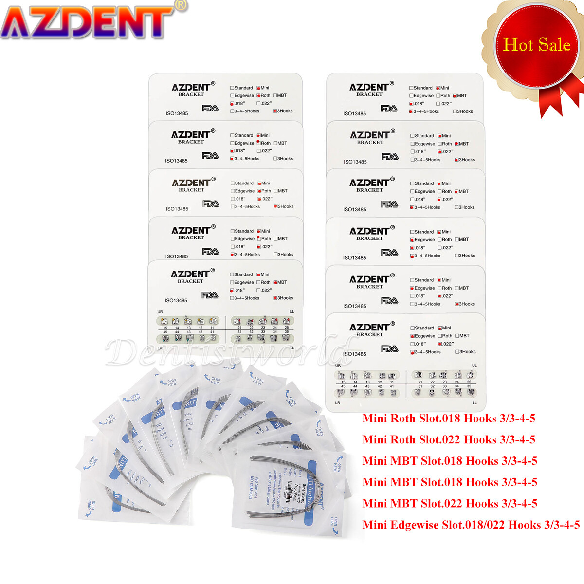 AZDENT Dental Orthodontic Metal Brackets Braces /Super Elastic Niti Arch Wires