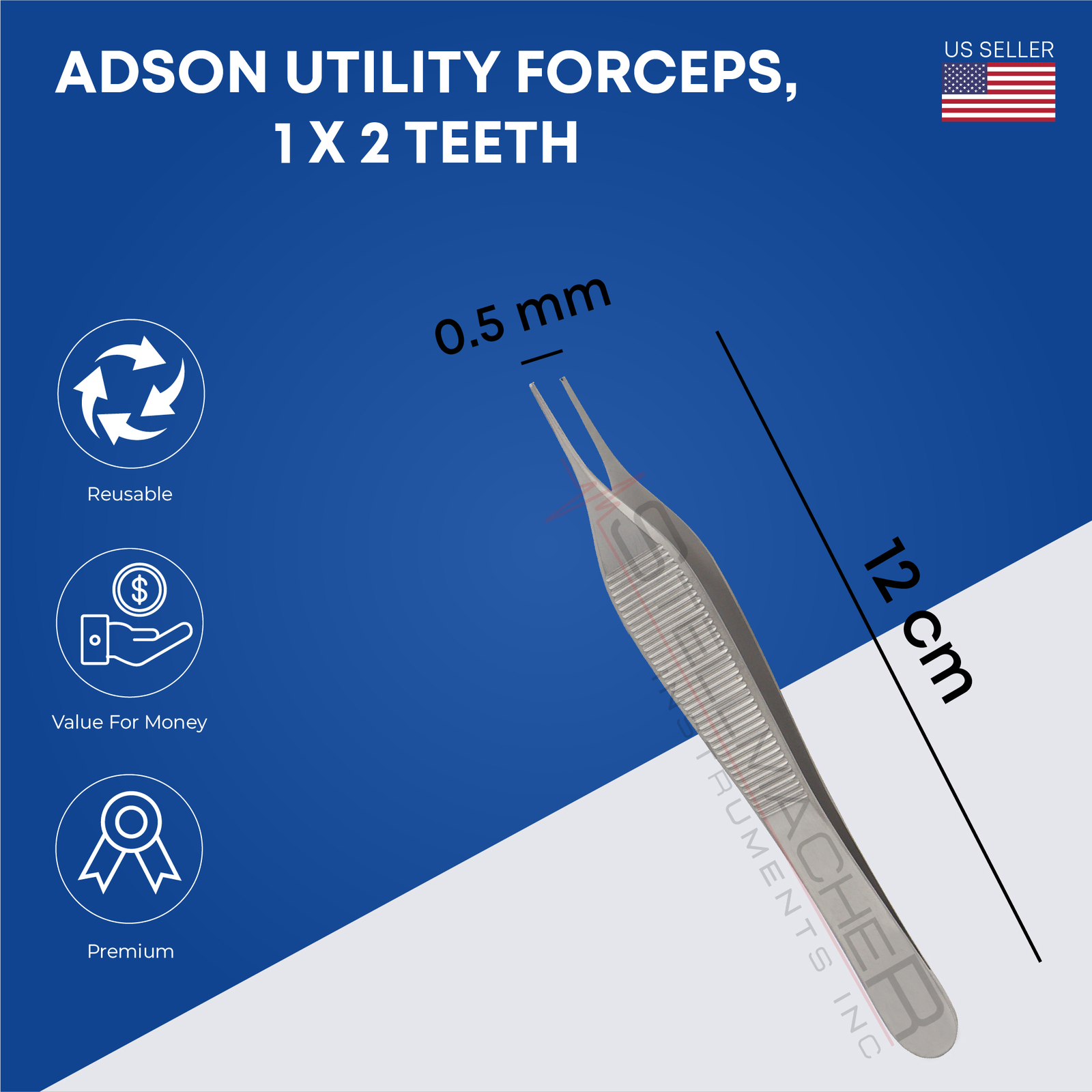 Adson Utility Forceps, 1 x 2 teeth, 0.5 mm, overall length 12 cm