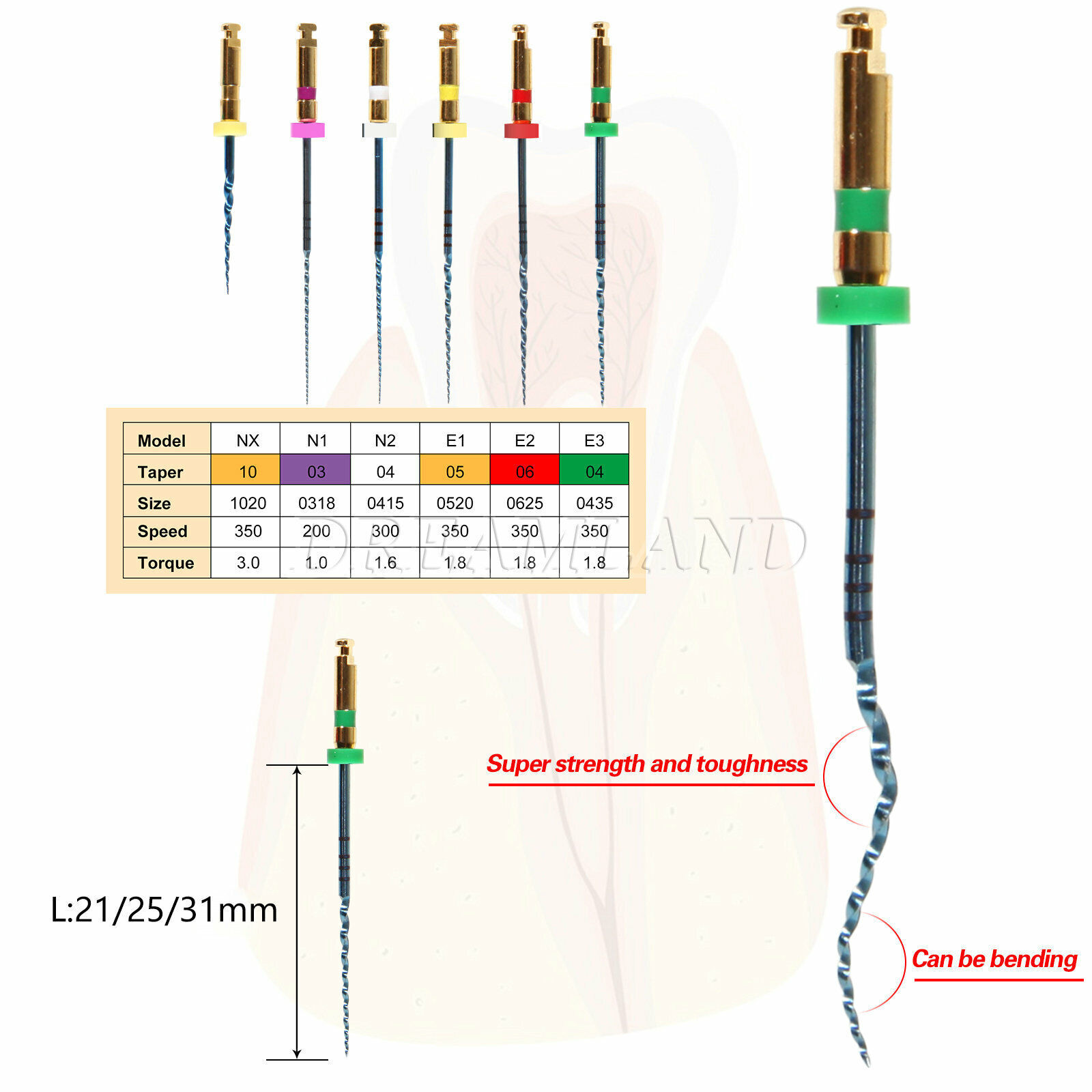 6pcs Dental NiTi Super Rotary Files Endodontic Endo Motor Root Canal 21/25/31mm