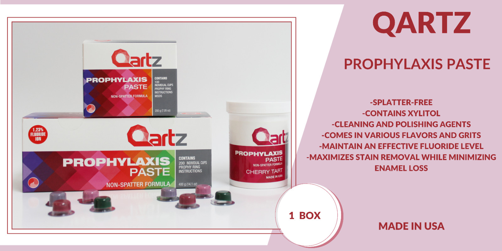 QARTZ PROPHY PASTE CUPS ASSORTED MEDIUM 200/BOX DENTAL NON SPLATTER W/FLOURIDE