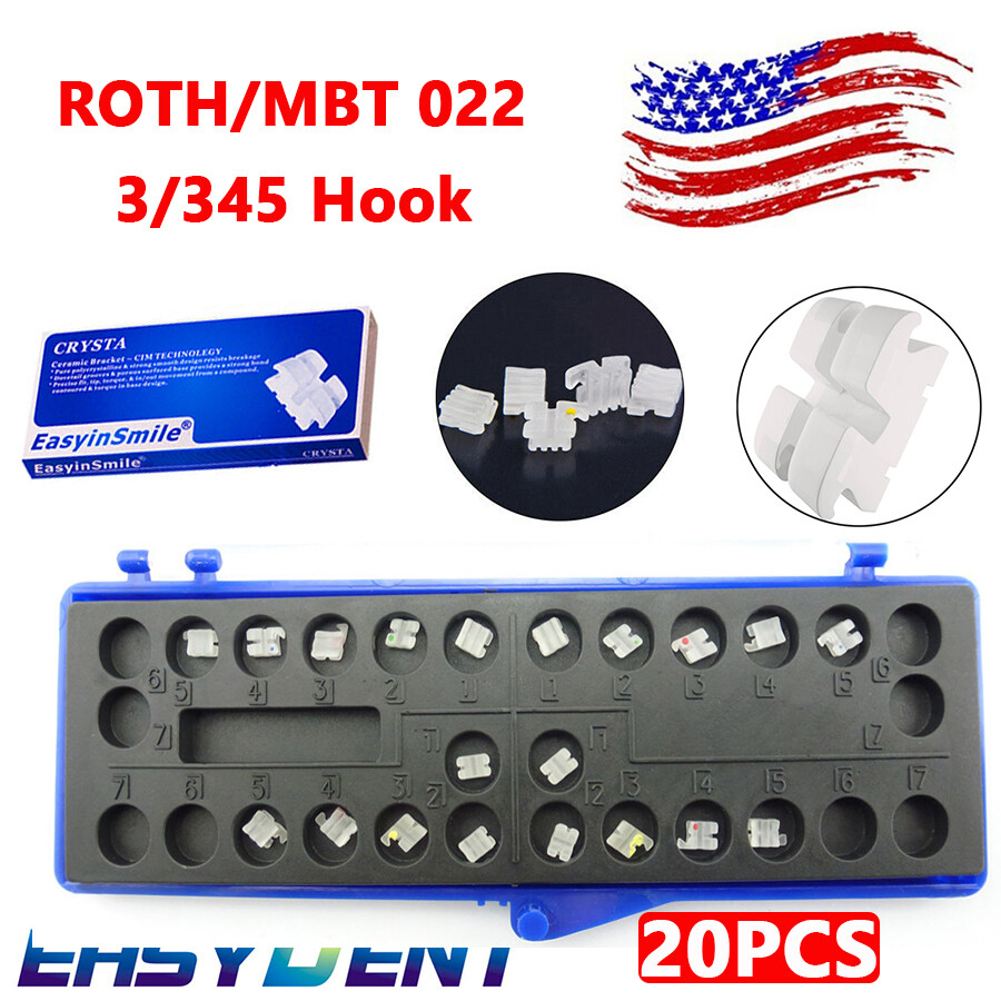 20Pc/pk Dental Orthodontic Ceramic Brackets Braces ROTH/MBT Slot.022 Hooks 3-4-5