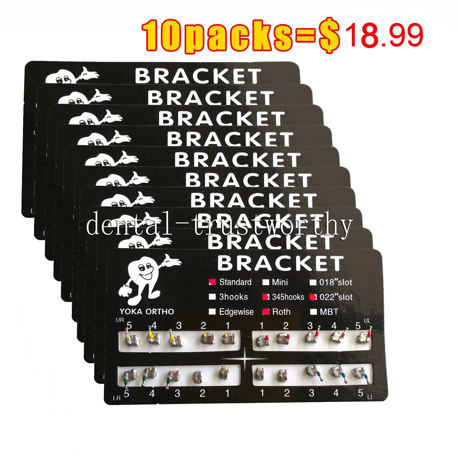 10Packs YOKA Dental Orthodontic Brackets Metal Brace Standard Roth 022 Hooks 345