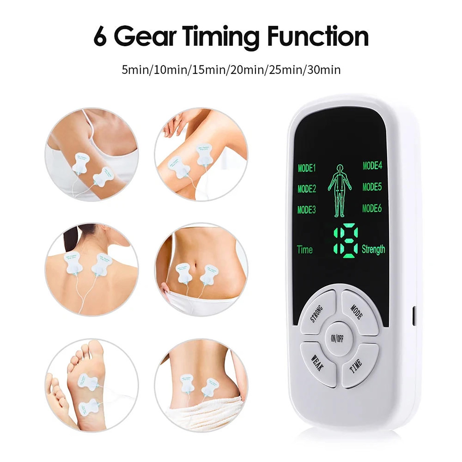 Micro-current Pulse Device for Muscles 4 Patches 6 Modes 15 Settings Timer White