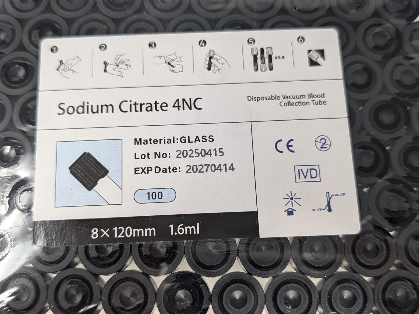 Sodium Citrate 4NC Vacuum Blood Collection Tubes 8×120 mm 1.6 ml Box of 100