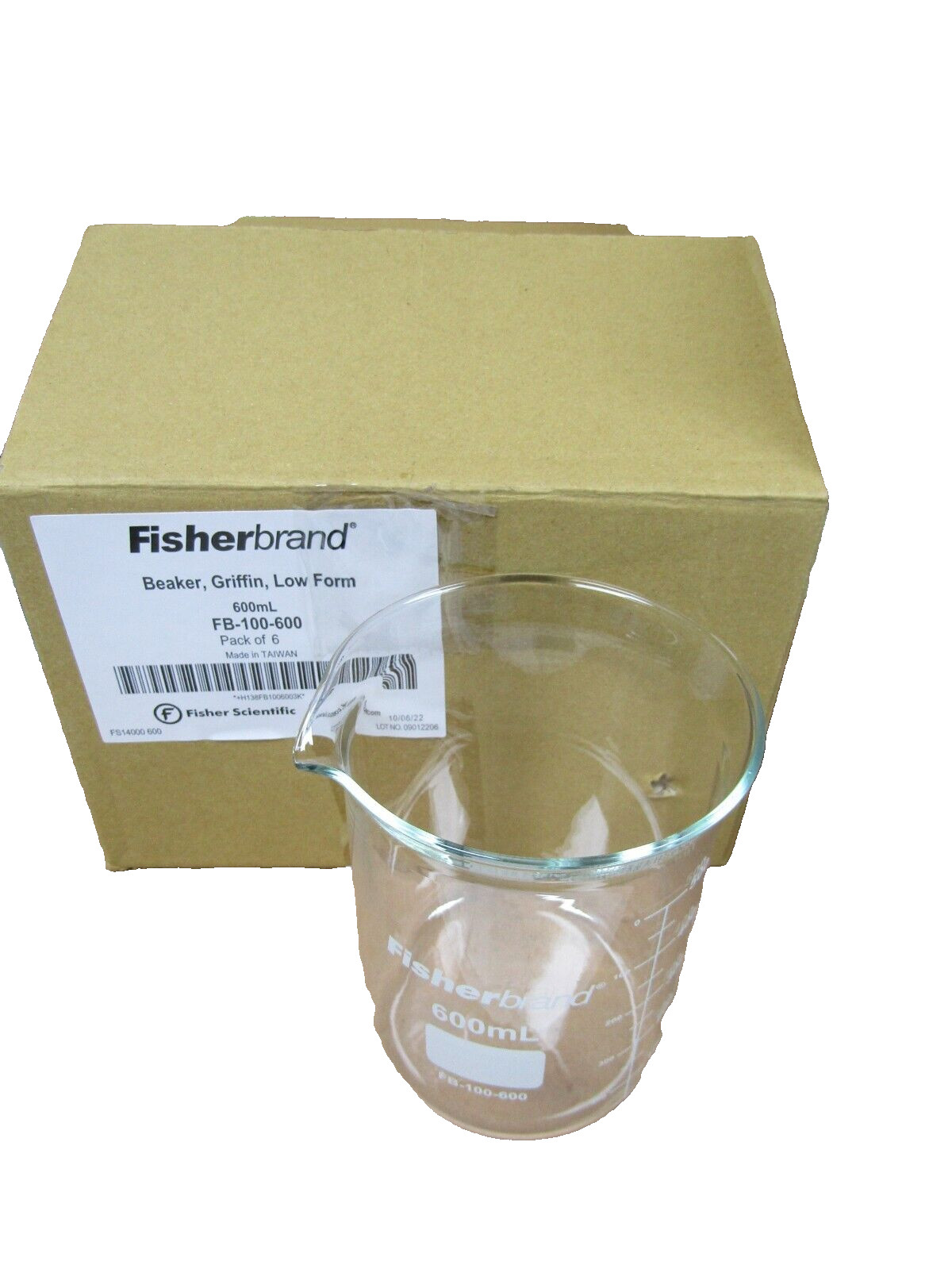 ?6) NEW FISHERBRAND FB-100-600 600ml BEAKER GRIFFIN LOW FORM W/ SPOUT BOX OF 6