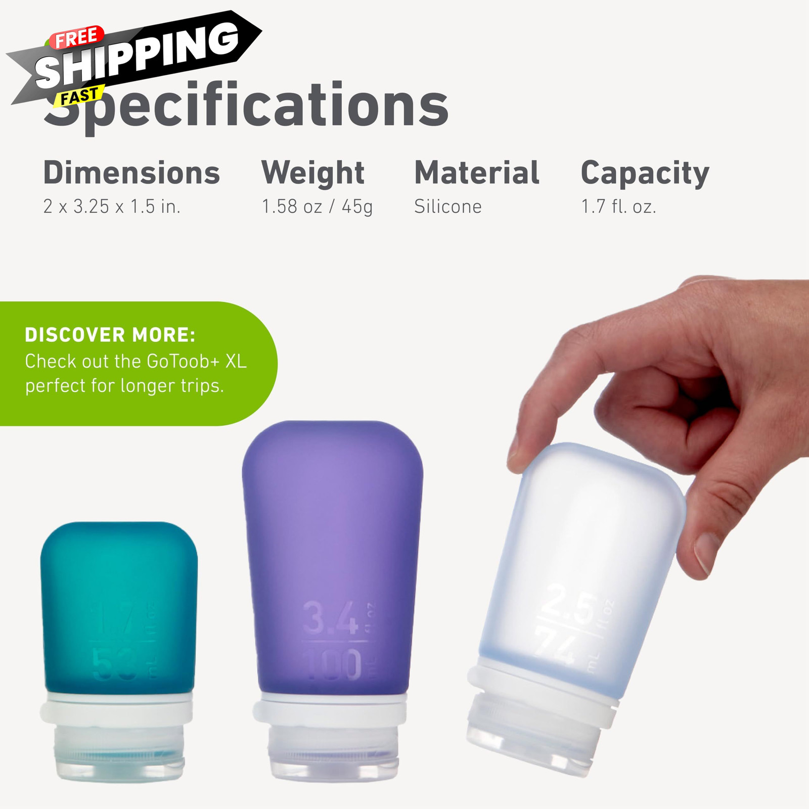 humangear GoToob+ (Small) | Refillable Silicone Travel 1.7 Ounces, Teal