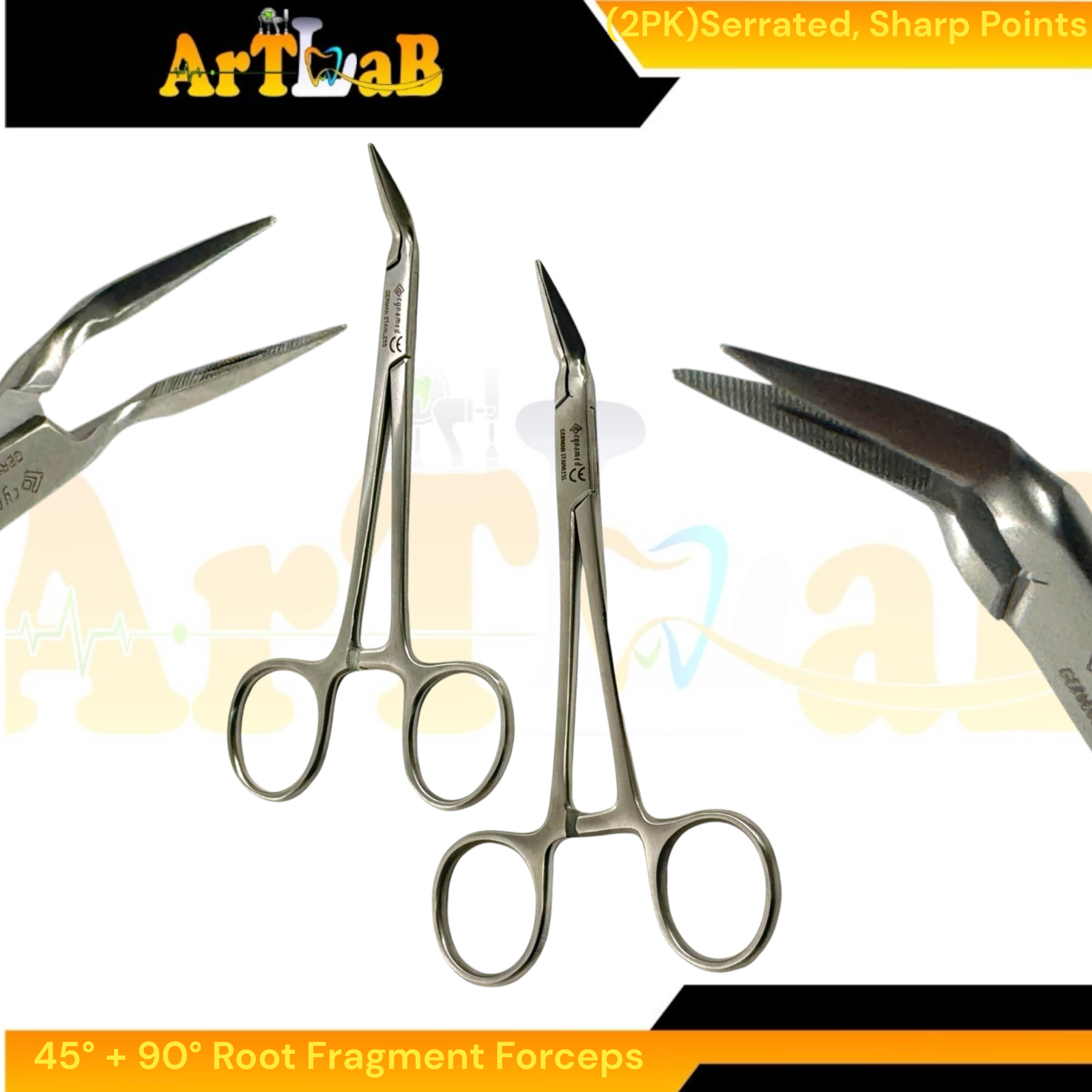 Set of 2 Root Fragment Forceps 45+90 Degree Angle, Sharp Serrated – Dental Tools