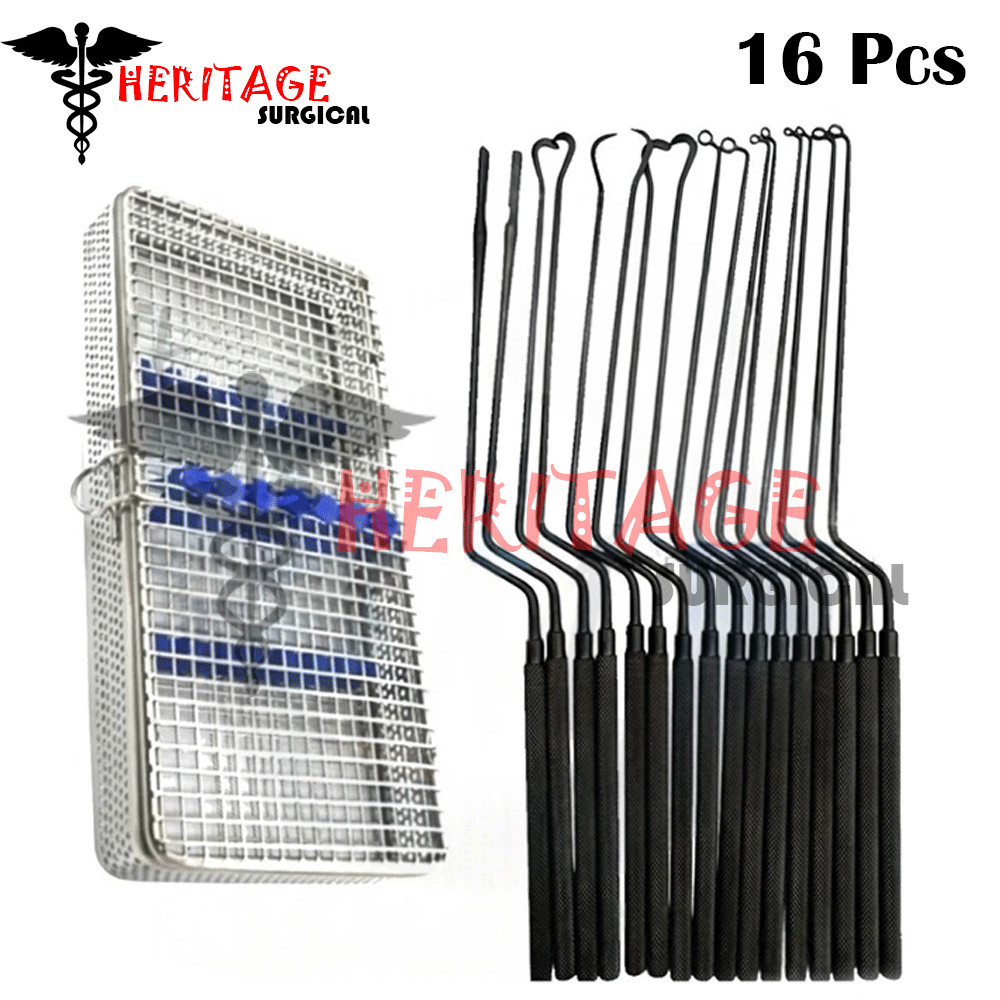 Hardy Pituitary Neuro Curettes Black Sets Of 16 with Sterilization Mesh Box