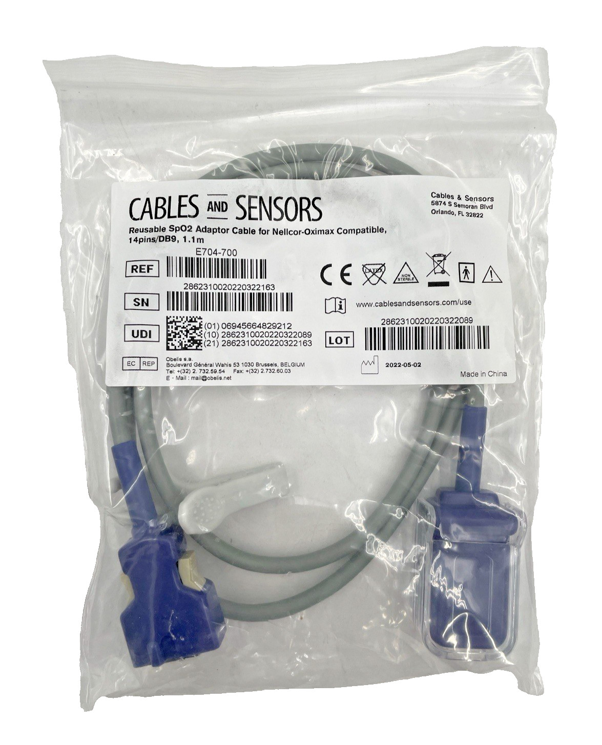 Nellcor Oximax Compatible SPO2 Adapter Cable , 14 pins, DB9, 1.1m