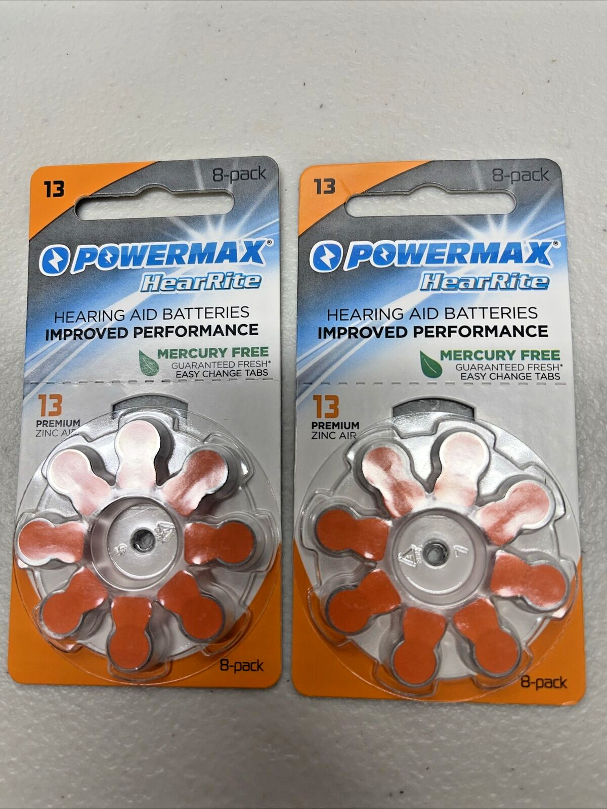 2 packs Powermax Size 13 Hearing Aid Batteries Orange 16 COUNT – EXP 10/2023