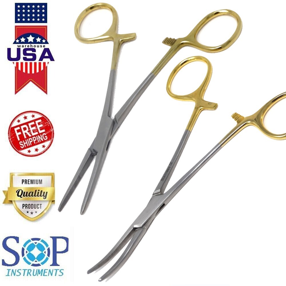 2X Gold Handle Kelly Hemostat Locking Forceps 5.5″ Surgical Clamps Dissection