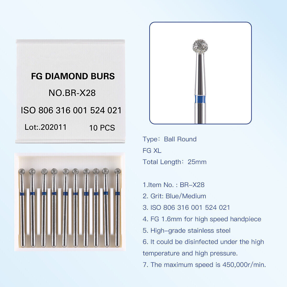 Dental Diamond Bur FGXL 25mm Ball Round Super Coarse for High Speed Handpiece
