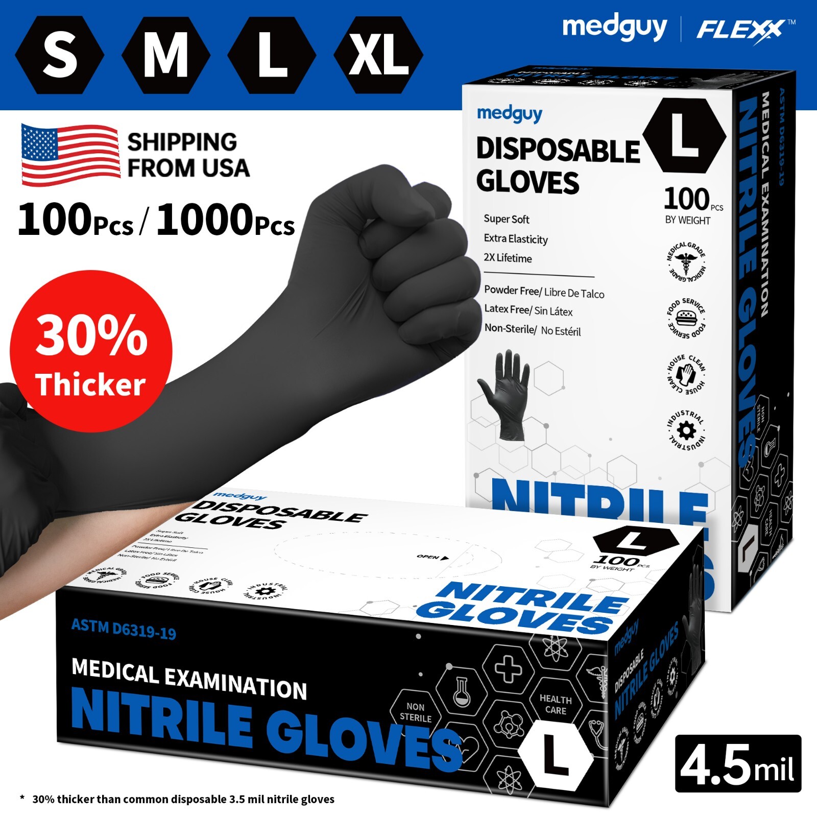 Disposable Nitrile Gloves 100 PCs 4.5 mil Black Powder-Free Food-Safe Exam Glove