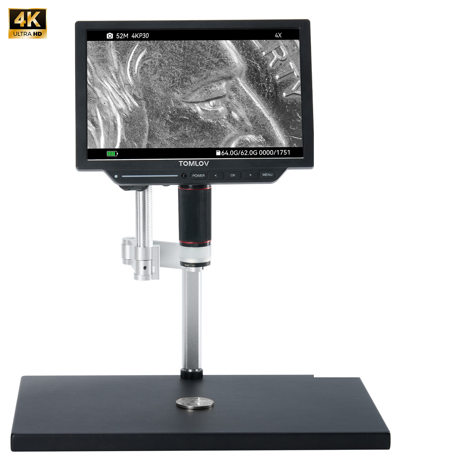 TOMLOV 4K LCD Digital Microscope 2000X 10.1” HDMI Coin Microscope 52MP Spin Arm