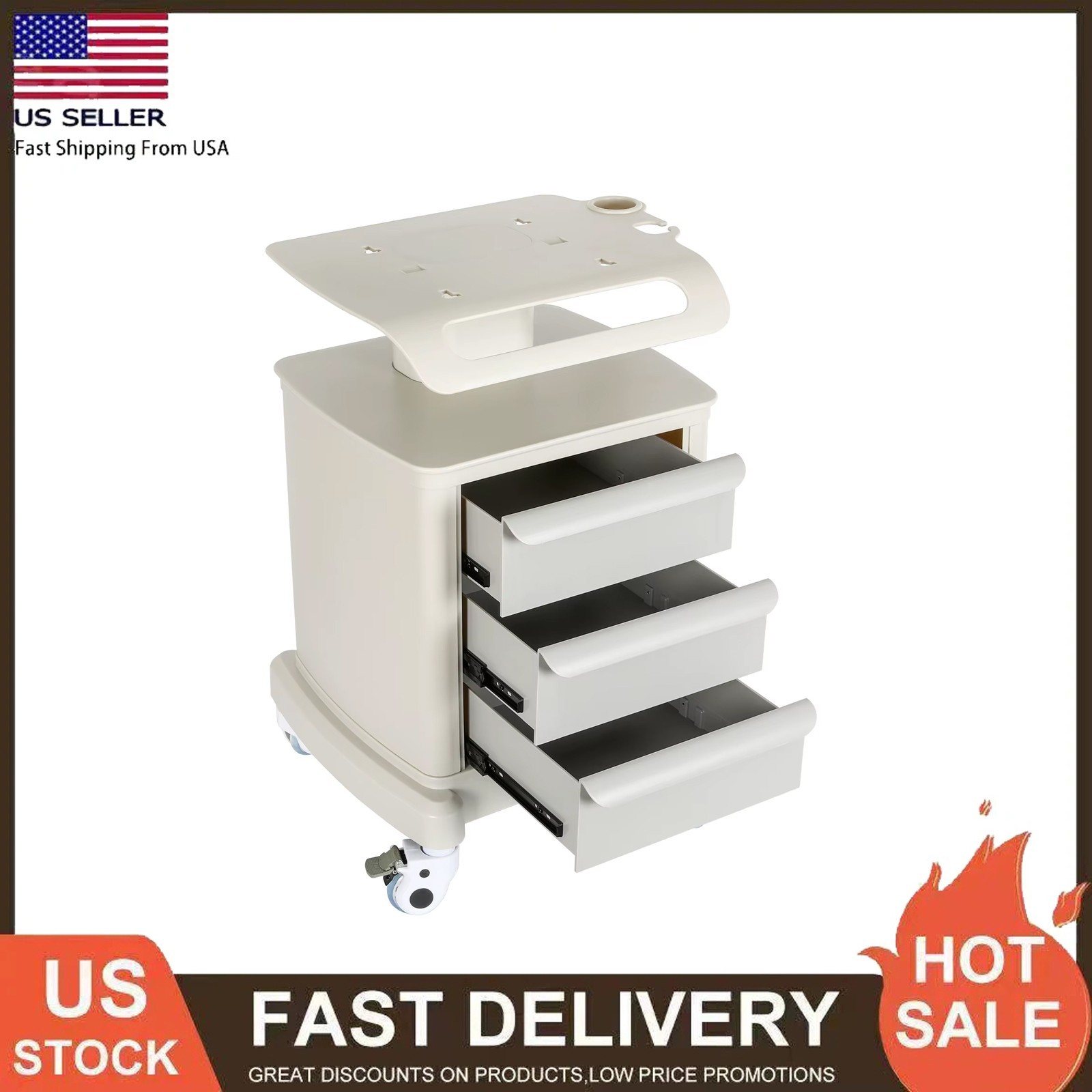 4 Tiers Lab Ultrasound Carts Mobile Medical Cart with 3 Drawers & 1 Top Tray