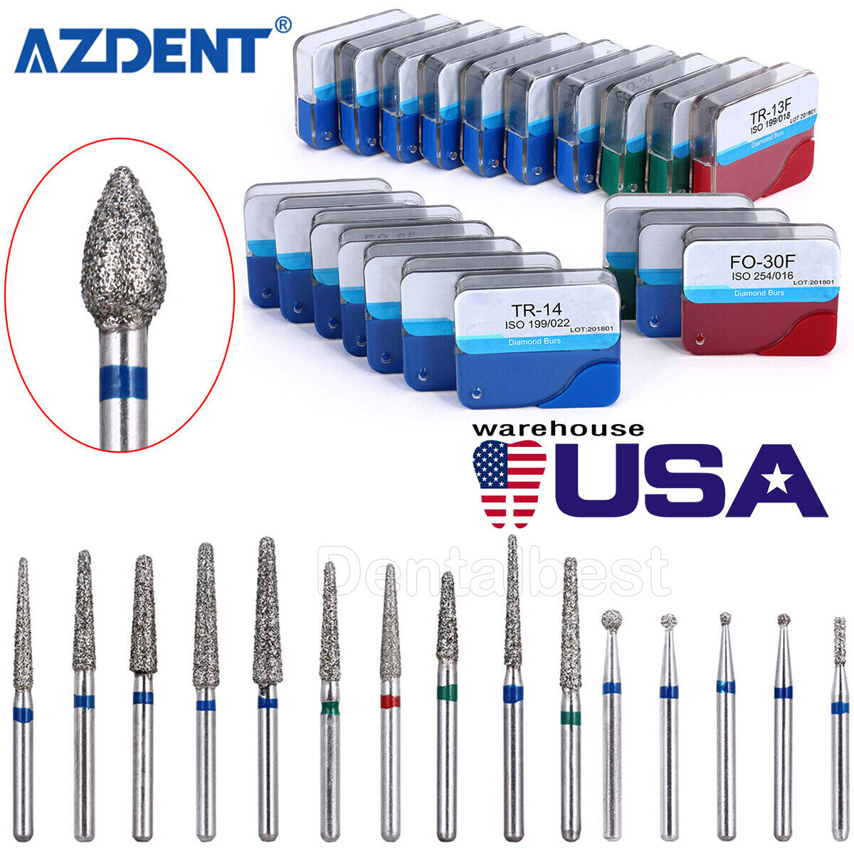 100Pcs Dental Diamond Burs High Speed Handpiece Friction Grip 20 Type FG AZDENT