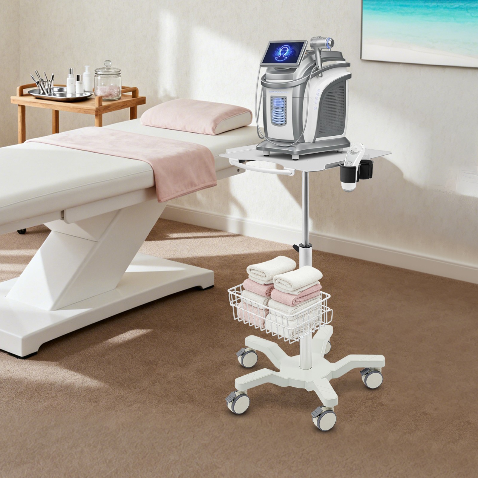Metal Rolling Medical Cart 5-Wheel Mobile Medical Cart 62-97cm Height Adjustable